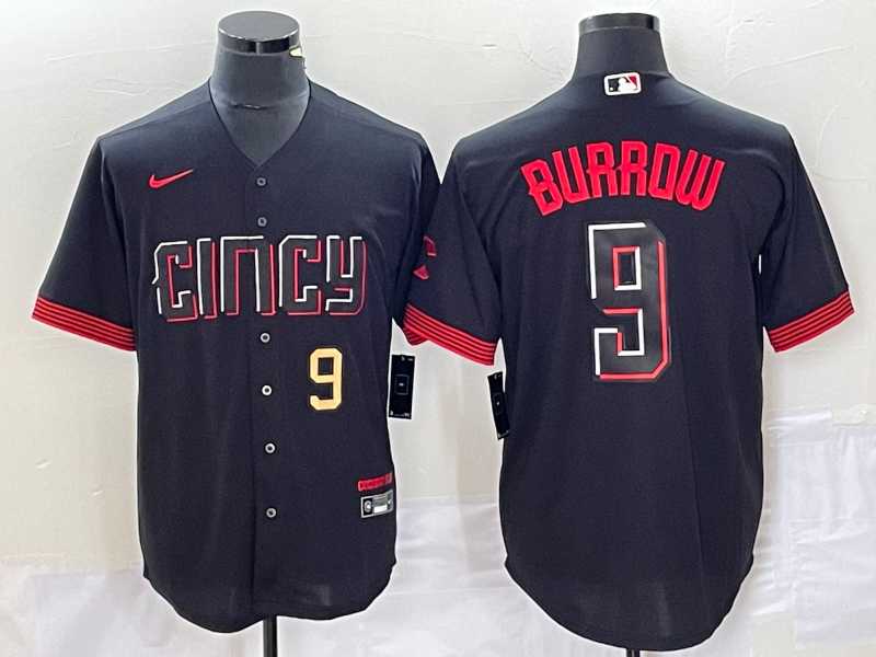 Men%27s Cincinnati Reds #9 Joe Burrow Number Black 2023 City Connect Cool Base Stitched Baseball Jersey1